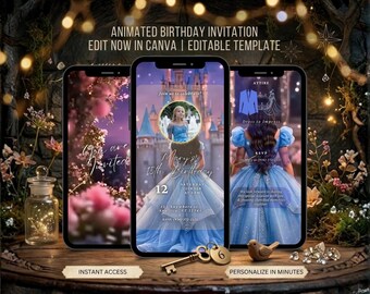 Royal Blue Princess Quinceañera Video Invitation Sweet 15 Birthday Invite Fairytale Princess Save The Date Editable Animated Digital Invite