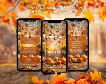 May include: Three smartphones showing a Thanksgiving dinner party invitation. The design includes pumpkins, autumn leaves, and text that reads "Thanksgiving Dinner Party" and "RSVP". The background has a warm, autumnal colour palette with orange and brown tones.
