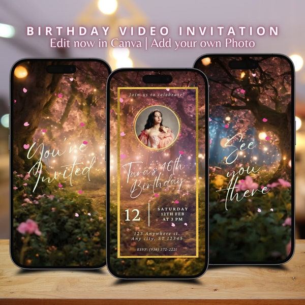 Custom Animated Magical Forest Birthday Invitation Video Fairy Garden Enchanted Forest Editable Template Pink Birthday Invite for Girls