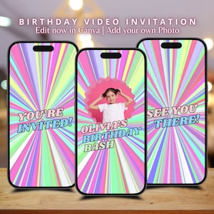 Invitación de cumpleaños animada con arcoíris pastel parpadeante en video para niños Invitación de arcoíris para niña Plantilla editable personalizada con música