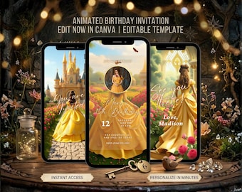 Fairytale Princess Quinceañera Video Invitation 15 Birthday Animated Digital Invite Yellow Princess Party Save The Date Editable Template