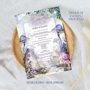 Pode incluir: Um programa de eventos imprimível para uma celebração de maioridade. O design apresenta um tema de floresta caprichoso com cogumelos, flores e uma pequena cabana. O texto diz "Coming of Eighteen" e inclui uma lista de eventos para a celebração.