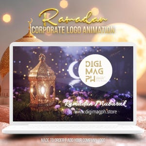 Könnte beinhalten: Ein weißer Laptop zeigt eine Ramadan-Themen-Logo-Animation. Die Animation zeigt eine goldene Laterne, einen Halbmond und florale Elemente. Der Text enthält "Ramadan", "Corporate Logo Animation" und "Ramadan Mubarak."