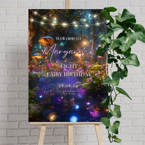 Letrero de bienvenida de bosque encantado, caballete de jardín de hadas, plantilla editable, póster imprimible de hongos mágicos, decoración de fiesta, letrero de bienvenida