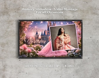 Pink Princess Memories Photo Slideshow 16th Birthday Custom Video Montage for Quinceañera or Sweet 16 Editable Royal Party Slideshow