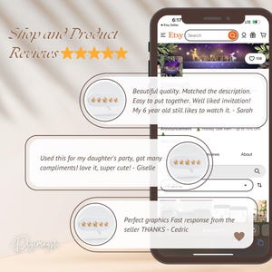 May include: Screenshot of an Etsy shop with positive customer reviews for a digital printable invitation. The invitation features a woodland theme with a purple background and gold stars. The reviews highlight the quality, ease of assembly, and appeal to children.