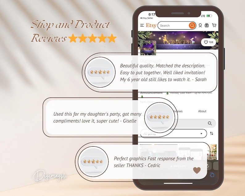 May include: Screenshot of an Etsy shop with positive customer reviews for a digital printable invitation. The invitation features a woodland theme with a purple background and gold stars. The reviews highlight the quality, ease of assembly, and appeal to children.