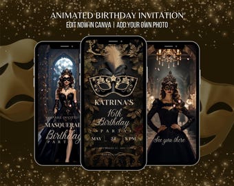 Animated Masquerade Birthday Party Invitation Video: Editable Costume Ball Invite (Digital Download)