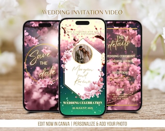 Cherry Blossom Wedding Invitation Video Sakura Flowers Custom Wedding Digital Invitation Editable Template Animated Wedding Video Invite