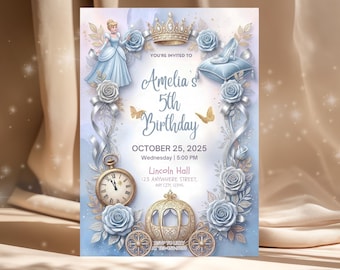 Blue Fairytale Princess Birthday Invitation 1st Birthday Printable Invitation Royal Princess Party Invite Editable in Canva Digital File