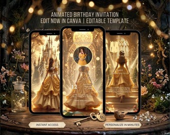Gold Princess Quinceañera Video Invitation Sweet 15 Birthday Invite Fairytale Princess Animated Invitation Editable Canva Template