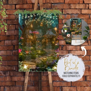 Cartello per la tabella dei posti a sedere per la festa di compleanno nella foresta magica Cartello per la tabella dei posti nel giardino delle fate Modello modificabile della foresta incantata Decorazione per feste Trova il tuo posto