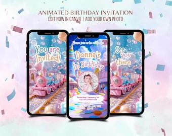 May include: Three smartphones displaying a birthday invitation. The invitation features a pink and blue train, a castle, and the text "You are Invited!" and "See you there." The center phone shows a photo and the text "Donna's 1st Birthday."