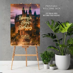Custom Birthday Welcome Sign Wizard Party Easel Board Editable Template Printable School of Magic Wizard Birthday Party Sign Welcome Board