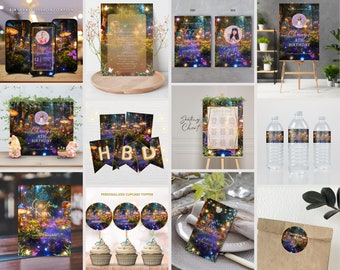 Op de afbeelding: Een printbare verjaardagsfeestbundel met een sprookjesachtig betoverd bos-thema. De bundel bevat een video-uitnodiging, een bord, een banner, cupcake-toppers, waterfleslabels, een zitplaatskaart, een cadeauzakje en een cadeaulabel. Het ontwerp heeft een paarse en blauwe bos scène met gloeiende lichten en paddenstoelen.