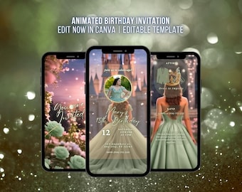 Sage Green Fairytale Princess Birthday Invitation Video 16th Birthday Custom Animated Invitation Quinceañera Invite Sweet Editable Template