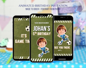 May include: Three smartphones displaying a soccer-themed birthday invitation. The invitation features a cartoon illustration of a boy playing soccer, the text "JOHAN'S 5TH BIRTHDAY", and the phrases "IT'S GAME TIME" and "SEE YOU THERE". The invitation is made to order.