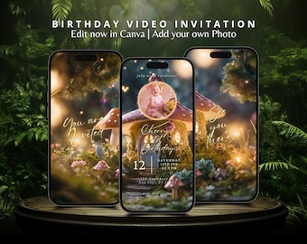 Aangepaste geanimeerde betoverde bosfee eerste verjaardagsuitnodiging video Magical Mushroom House digitale video-uitnodigingssjabloon bewerkbaar