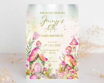 Printable Birthday Invitation Pink Fairy Digital Invitation Template Printable Mushroom Fairy First Birthday Party Invite Enchanted Forest