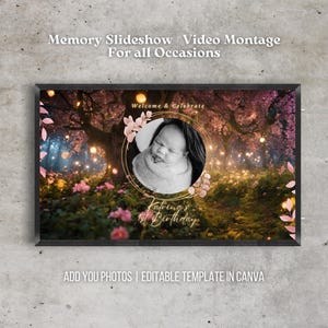 May include: A digital template for a memory slideshow or video montage. The template features a whimsical forest scene with glowing lights, pink flowers, and a photo placeholder. The text "Welcome & Celebrate" and "Katring's Birthday" is included in the design. The template is editable in Canva.
