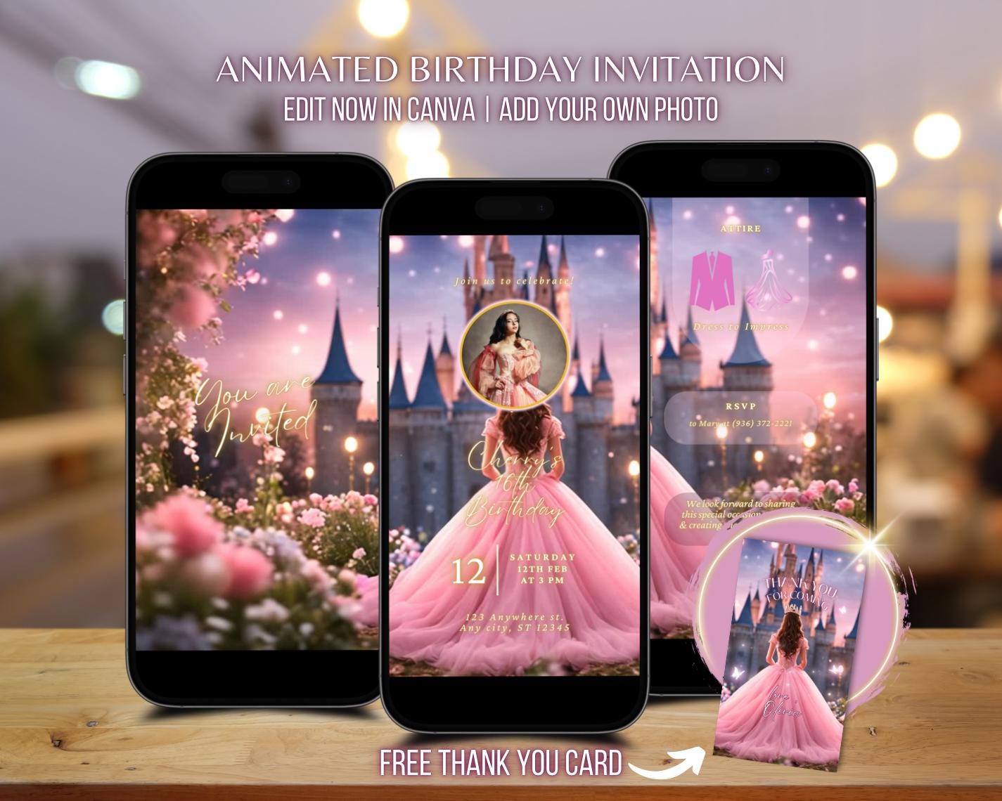 Pink Fairytale Princess Birthday Invitation Video 16th Birthday Custom Animated Invitation Quinceañera Invite Sweet 16 Editable Template