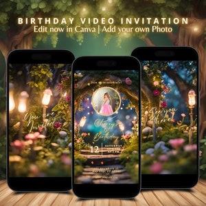 Custom Magical Arch Animated Birthday Invitation Video Fairy Garden Enchanted Forest Editable Template Birthday Pink Invite for Girls