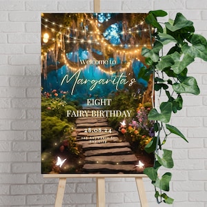 Cartello di benvenuto per festa di compleanno nella foresta incantata, modello modificabile per cavalletto da tavolo Blue Fairyland, poster di compleanno, decorazioni per feste, cartello di benvenuto
