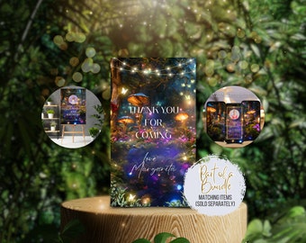 May include: A digital printable party invitation featuring a whimsical forest scene with glowing lights, mushrooms, and butterflies. The text reads "Thank you for coming, love Margarita". The invitation is part of a bundle with matching items sold separately.