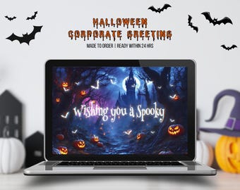 Halloween Corporate Greeting Video Haunted House Animated Company Greeting Custom Trick or Treat Skeletons Office Lounge Video Logo Reveal