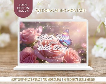 Secret Garden Wedding Photo Slideshow Template Pastel Pink Rose Video Montage Editable in Canva Anniversary gift idea for couples