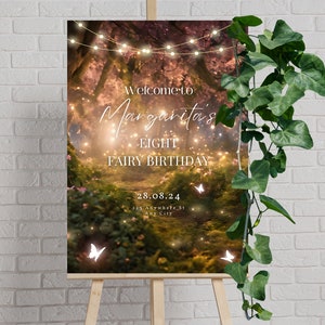 Cartello di benvenuto rosa della foresta incantata, modello modificabile, cartello del giardino delle fate, poster stampabile della foresta magica, decorazioni per feste, cartello di benvenuto