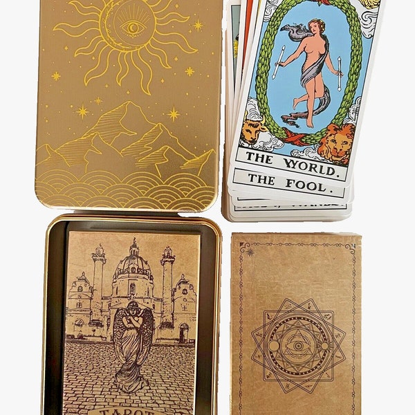 1910 Vintage Classic Tarot Cards With Guidebook Standard Size78-Cards Golden Tin Box (4.75"x2.75")