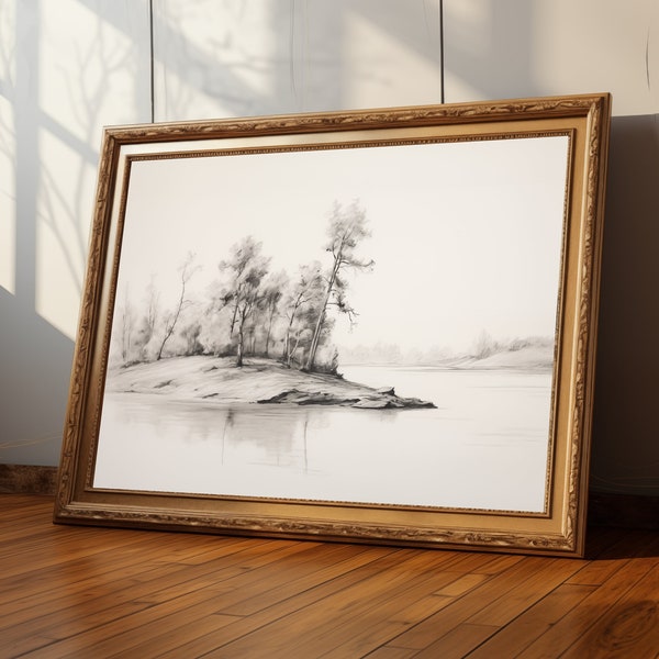 Minimalist Lake Sketch Art Tranquil Winter Landscape with Trees