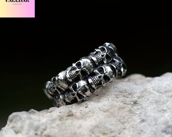 Fidget-schedelring voor mannen, stalen twee rijen doodsbeenderen ring, gotische angstring voor hem, ring om stress te verlichten, verjaardagscadeau, voor geliefde