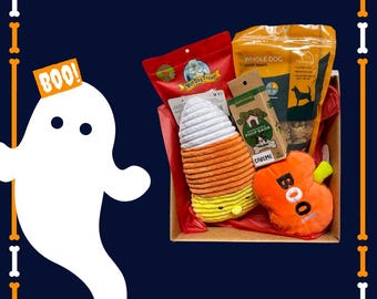 Scatola regalo a tema Halloween per cani, personalizzata in base alle preferenze del tuo cane, con ogni scatola venduta doniamo ai cani senza casa, realizzata in Canada