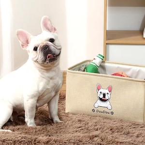 Panier de jouets pour chien personnalisé - avec le nom et le dessin animé de votre chien - Pour chaque vente, nous faisons un don à des chiens sans-abri dans les pays en développement - Conception canadienne