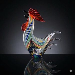 May include: A glass rooster sculpture with a red comb and wattle, and a multi-coloured body. The sculpture is made of clear glass with streaks of blue, green, yellow, and black. The rooster is standing on a reflective surface.