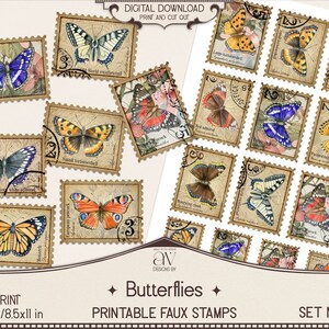 Junk Journal, Faux Stamps, Butterfly Stamp, Postage, Vintage, Ephemera,  Collage Sheets, Embellishments, Scrapbook, Digital Download 