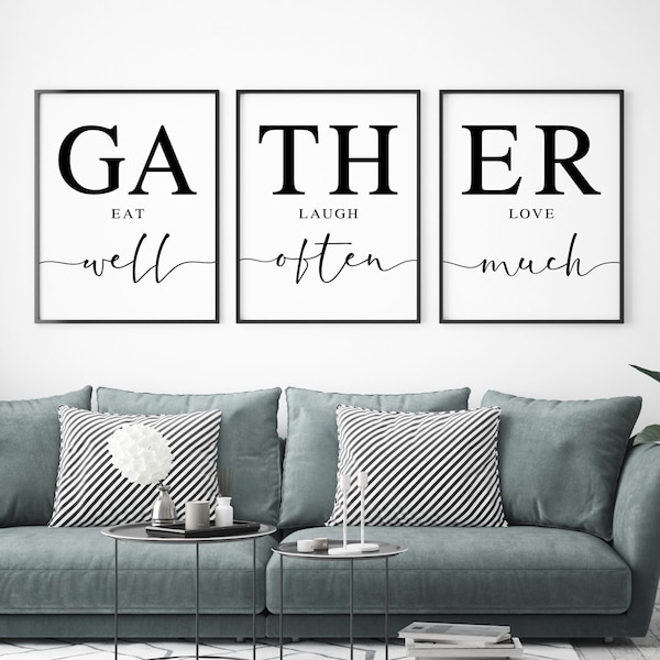 Eat Well Laugh Often Love Much, Kitchen Wall Art, Gather Sign For Kitchen, Set of 3 Wall Prints, Family Room Decor, Modern Kitchen Signs