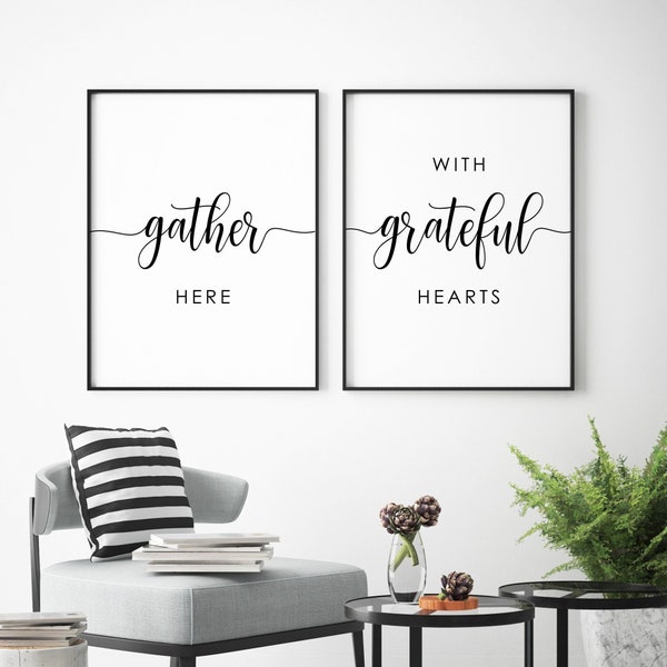 Kitchen Wall Decor, Gather Sign, Gather Here With Grateful Hearts, Dining Room Wall Art, Kitchen Signs, Dining Room Decor,Thanksgiving Print