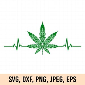 Könnte beinhalten: Grünes Marihuana-Blatt im Mandala-Stil mit einer Herzschlaglinie, die durchläuft. SVG, DXF, PNG, JPEG, EPS.