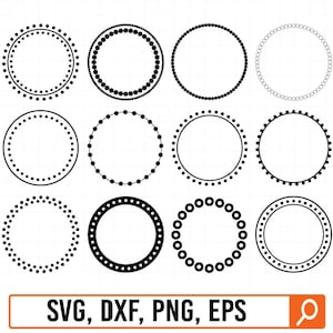 Könnte beinhalten: Satz mit 10 schwarzen und weißen Kreisrahmen mit gepunkteten Rändern. Die Rahmen eignen sich perfekt, um Ihren Designs einen Hauch von Vintage-Stil zu verleihen.