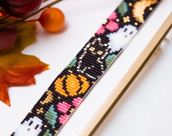 Halloween Bead Loom Pattern, Ghost and Pumpkın Bracelet Miyuki Delica 11/0, Seed Bead Pattern, PDF Digital Download DD-044