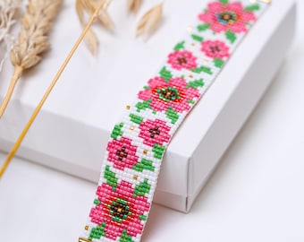 Pınk Blooms Beaded Loom Bracelet PDF pattern for Miyuki delica 11/0, DD - 002