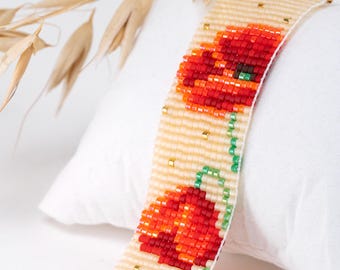 Poppy Flowers Beaded Loom Bracelet PDF pattern for Miyuki delica 11/0, DD - 024