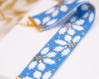 Daısıes Blue Beaded Loom Bracelet PDF pattern for Miyuki delica 11/0, DD - 035