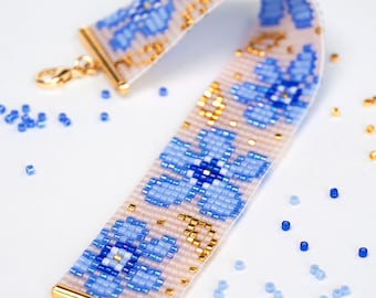 PDF-mönster för armband med pärlvävstol i blått blommönster för Miyuki delica 11/0, DD - 001