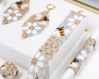 Honey Bee Beaded Loom Bracelet, Earrıngs, Rıng, Pen wrap PDF patterns for Miyuki delica 11/0, DD - 030