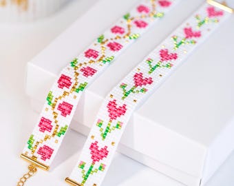 Pınk Hearts Floral 2 Beaded Loom Bracelets PDF pattern for Miyuki delica 11/0
