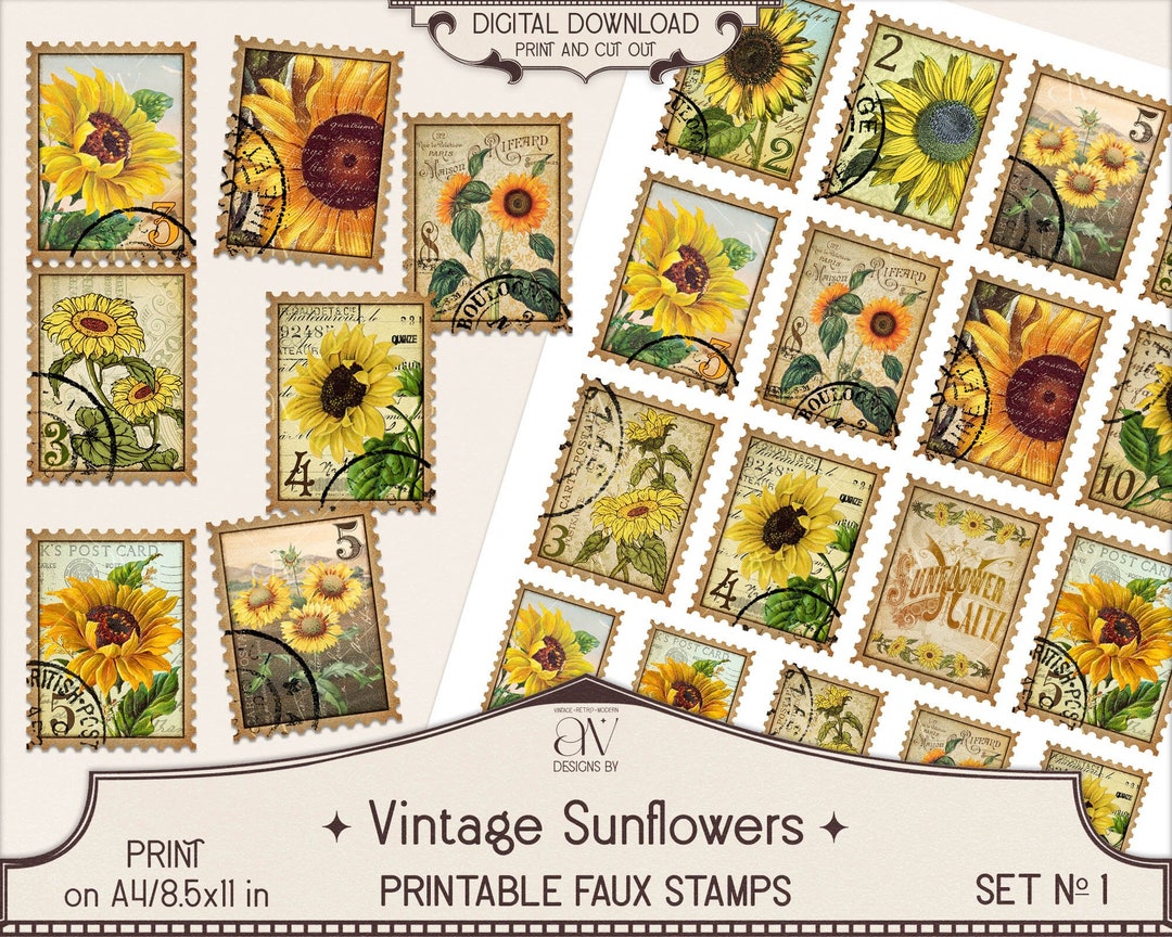 Sunflower Stamps Printable Digital Download Floral Faux Postal Stamps